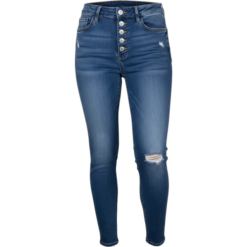 Flying Monkey Womens High Rise Button Fly Skinny Jeans Medium Wash Distressed 29